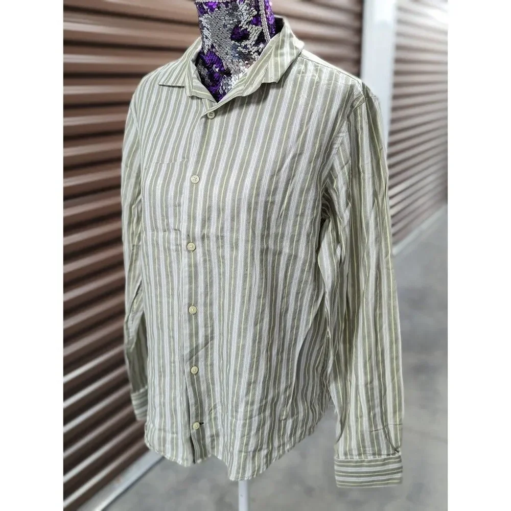 Banana‎ Republic Medium Green Brown Striped Button Front Shirt Preppy Old Money